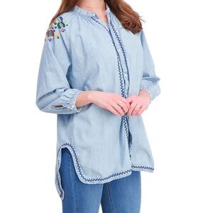 Lucky Brand chambray button down peasant shirt with floral embroidery